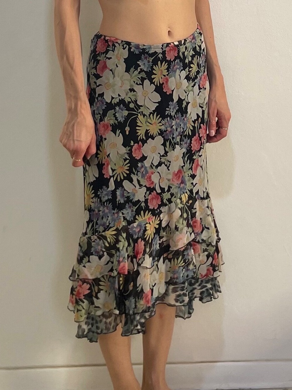 RARE 90s Betsey Johnson Silk Bias Cut Floral Ruffled Midi Skirt Vintage